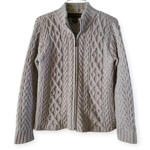 Inis Crafts 100%Merino Wool Irish Full Zip Cable Knit Sweater - Griege
